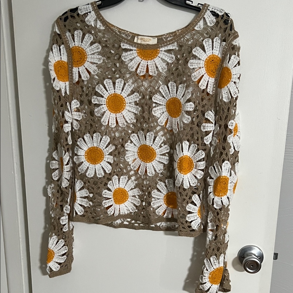 Rebellion Daisy Crochet Sweater - Tan, White, and Yellow